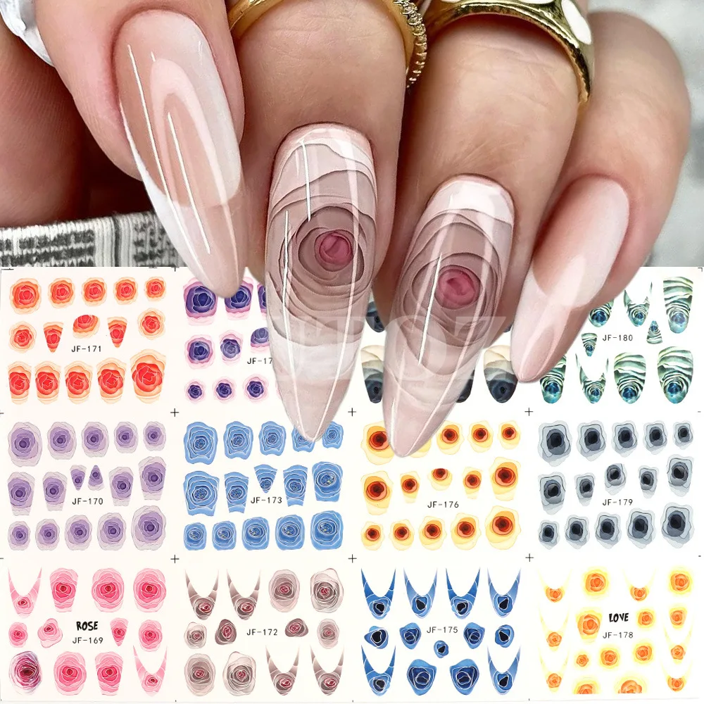 

12Pcs/set 3D Rose Design Water Nail Decals Pink Purple Flowers Stickers Spring Art Full Cover Nail Wraps French Manicure Tips