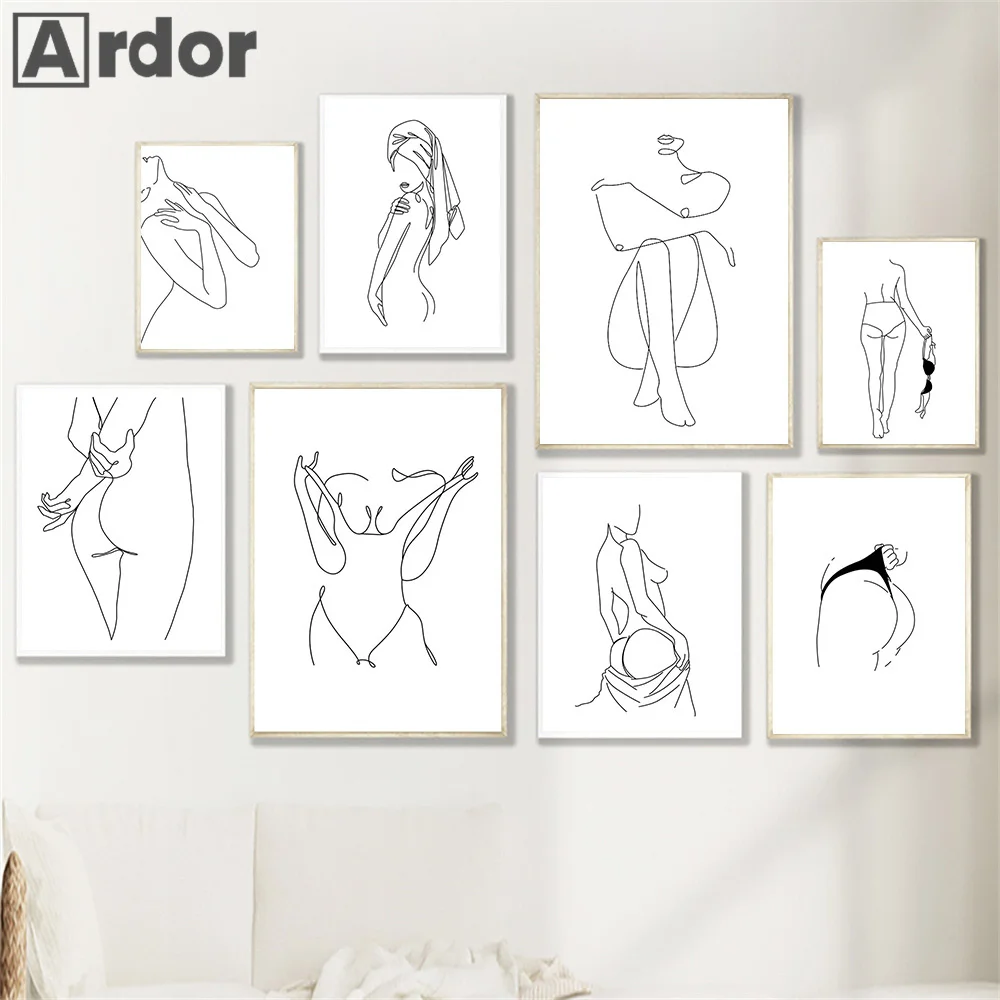 Abstract Women Line Drawing Wall Art Canvas Painting Female Nude Figure Posters Body Minimalist Print Nordic Living Room Decor