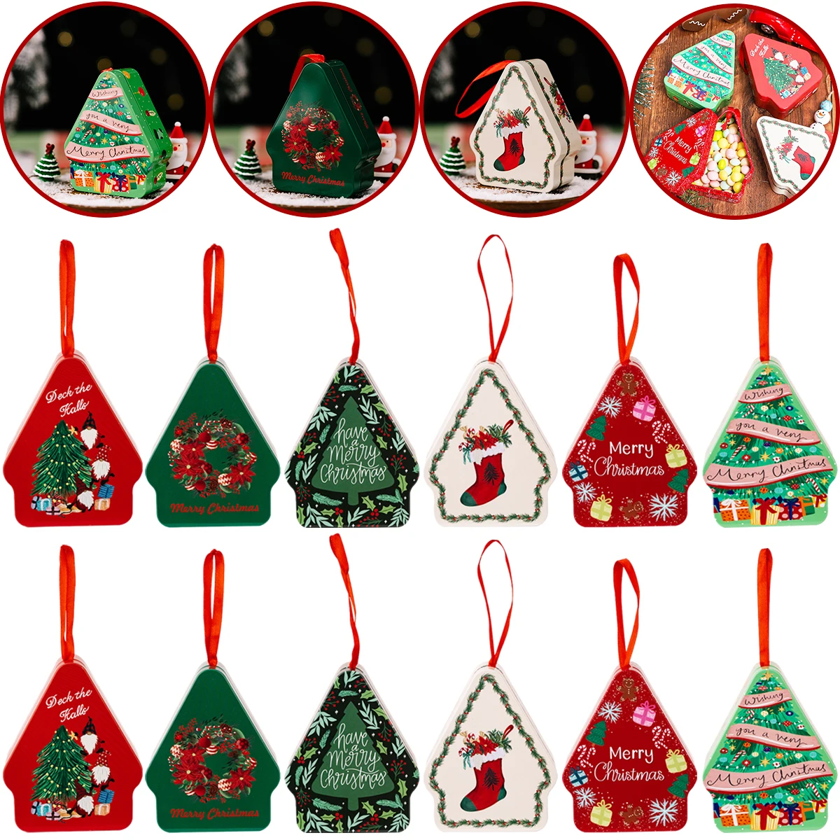 

1/3/6Pcs Christmas Polygon Tin Box Cartoon Pattern Printing Tinplate Portable Hanging Box Xmas Party Favor Packaging Box