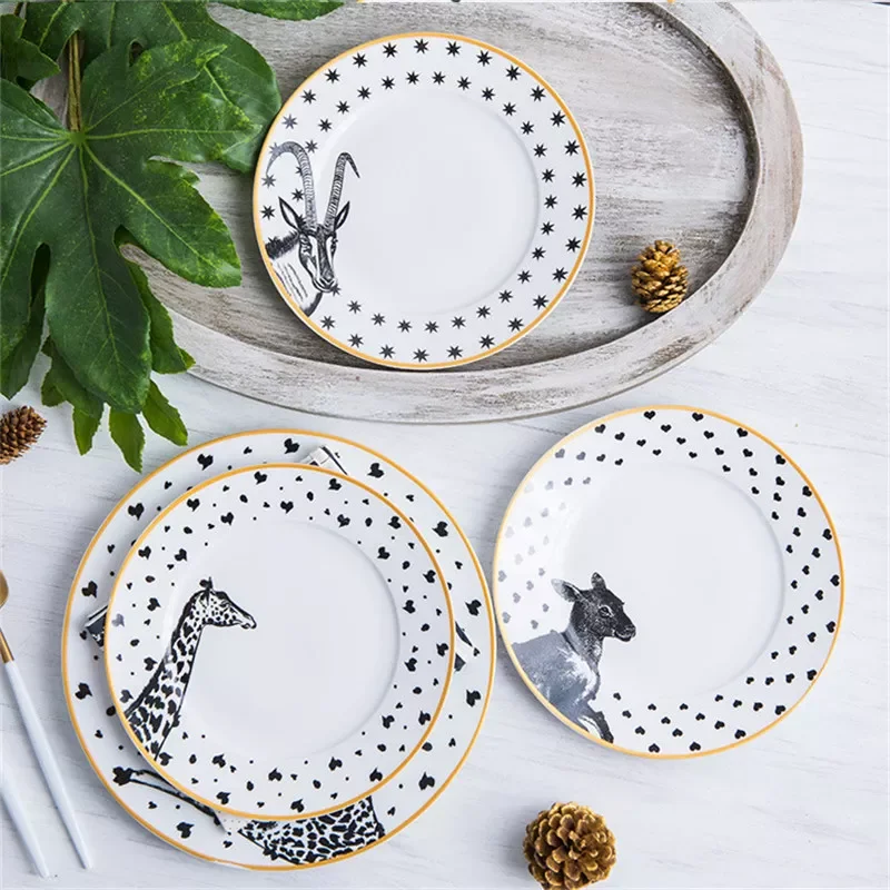 

2Pcs Ceramic Dinner Plates Set Animal Combined Fox Elk Giraffe Zebra Pattern Dish 8/10inch Steak Breakfast Cake Fruits Tableware