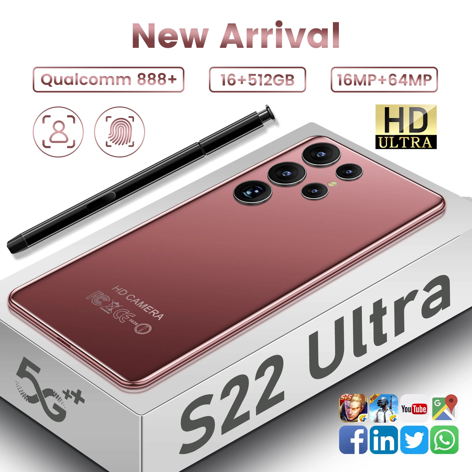 

Global Version S22 Ultra Qualcomm 888+ Deca Core 6.8 Inch 1440*3088 16GB+512GB Smartphone 16MP+64MP 6800mAh Android 12 Cellphone