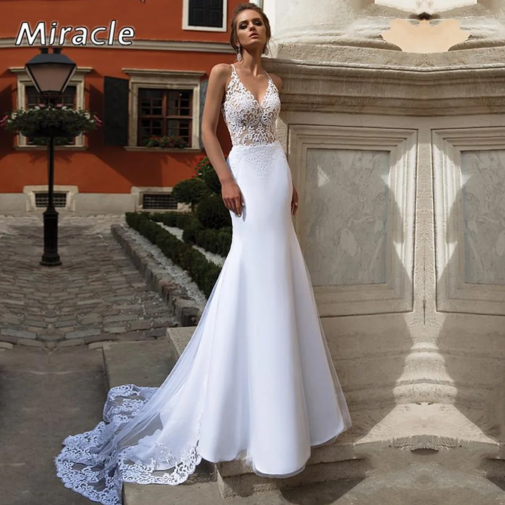 

Boho Popular Mermaid Wedding Dress Sexy V-Neck Bridal Gown New Lace Appliques Sleeveless Criss-Cross Backless Vestidos De Novia