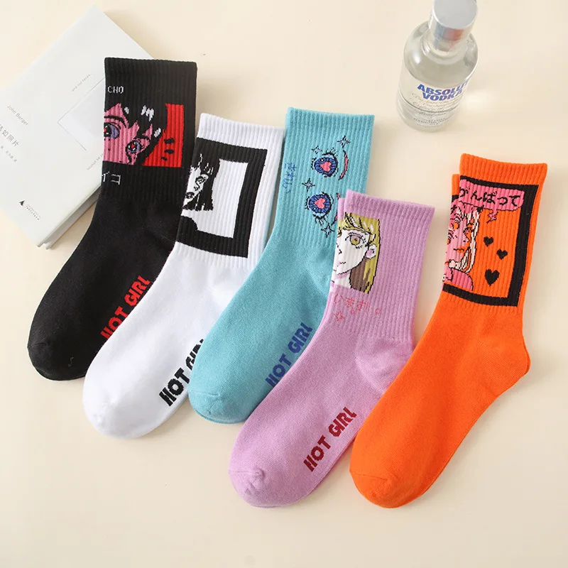 

Носки Ins в стиле японских комиксов, простые носки для скейтборда с иллюстрацией средней длины, женские носки, подарки для девочек, милые спортивные носки в стиле Харадзюку