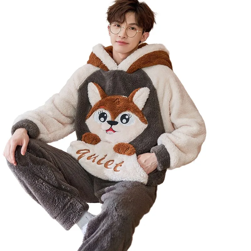 QUHENG Winter Pajamas for Men 2022 Flannel Large Size 5XL Thick Warm Cartoon Nightwear Adult with Hood Men Pajamas Lounge Set