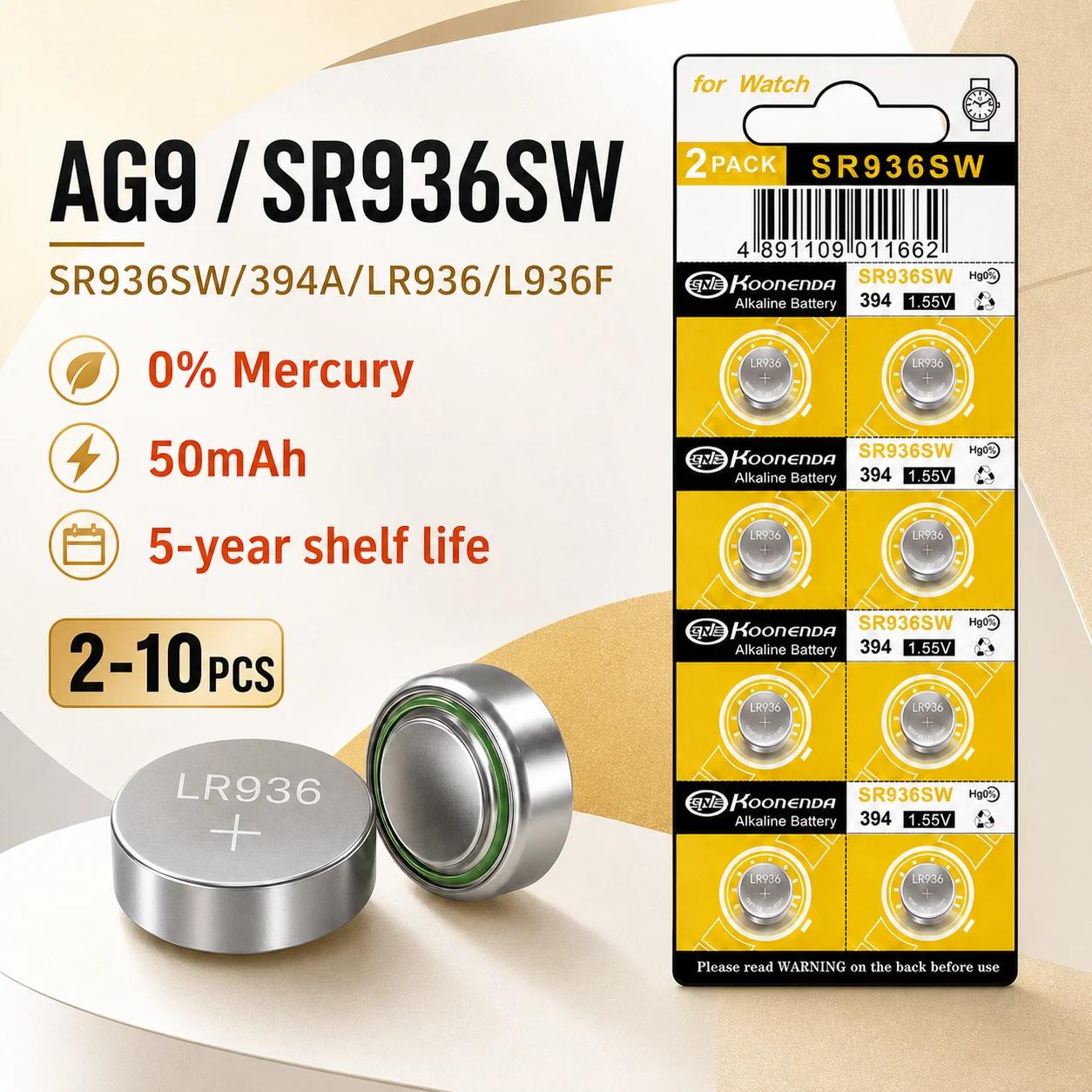 Фото Литиевая батарейка-таблетка AG9 LR936 394 SR936SW 1.55V 50мАч, различные варианты упаковки для часов, игрушек, пультов, калькуляторов №1