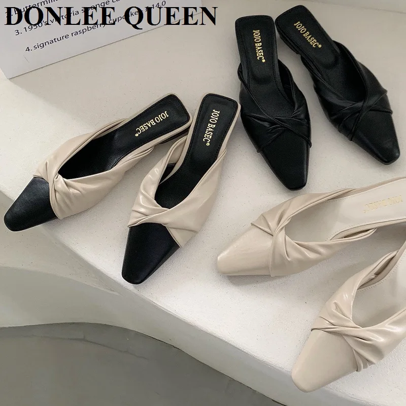 

Women Slippers 2022 French Gentle Pleated Lazy Mule Drag Square Toe Flat Heels Brand Sandals Casual Slides Summer Shoes Classic