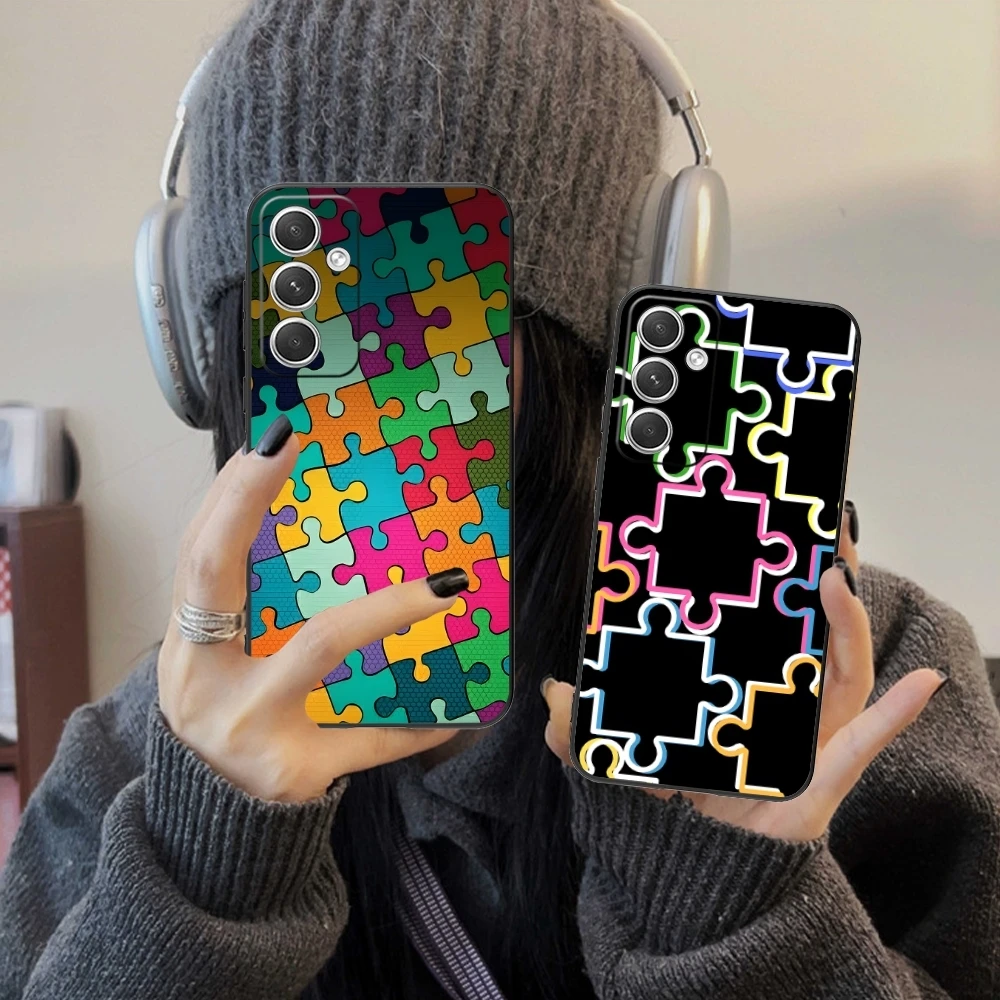 Puzzle Fashion Pretty Mobile Cell Phone Case for Samsung Galaxy S24 S23 S22 S21 S20 S10 S9 Plus FE Ultra Lite Black Cover Shell