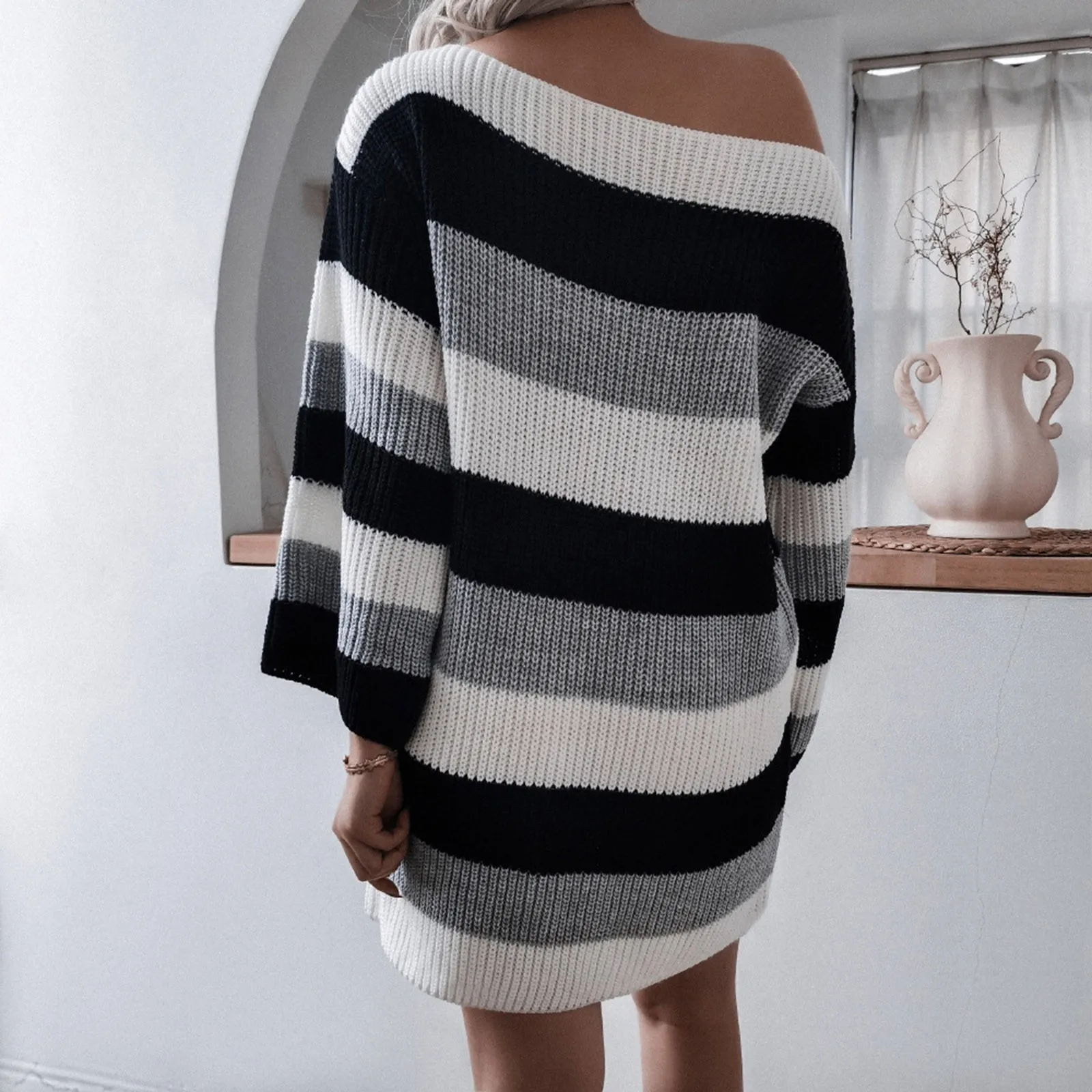 

Office Dresses for Women Casual Women's Off Shoulder Boat Neck Long Batwing Sleeve Casual Loose Oversized Linen Wrap Dress