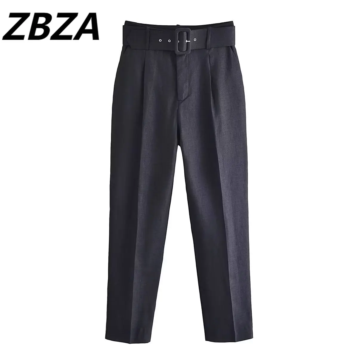 

ZBZA Women 2023 New Fashion Vintage High Waist Zipper Side Pockets Hemp-like Belt Straight Pants Female Trousers