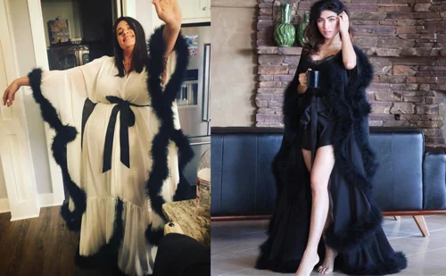 Women's Feather Bridal Robe Wedding Scarf Long Lingerie Robe Nightgown Bathrobe Sleepwear with Belt