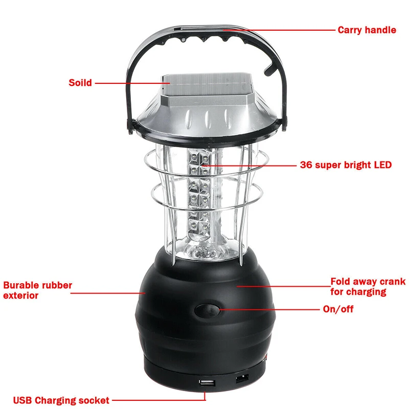 1pc solar camping lantern 36 led light usb phone charger fishing lamp for outdoor hiking emergency lights 3aaa battery lamps free global shipping