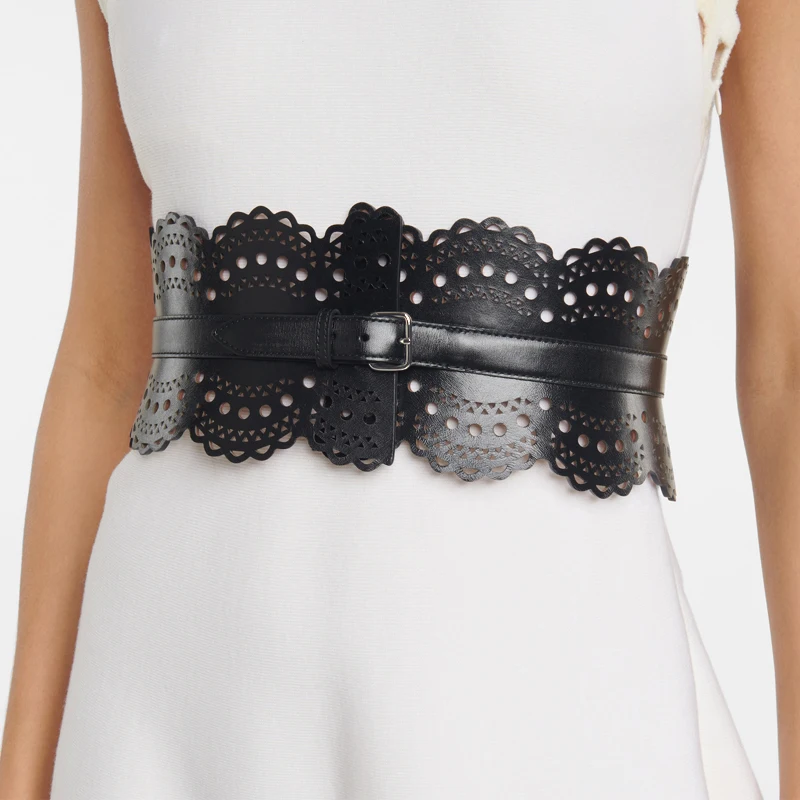 Cut out carved leather waist closure pin buckle leather wide belt dress waist geometric decoration silver buckle wide belt