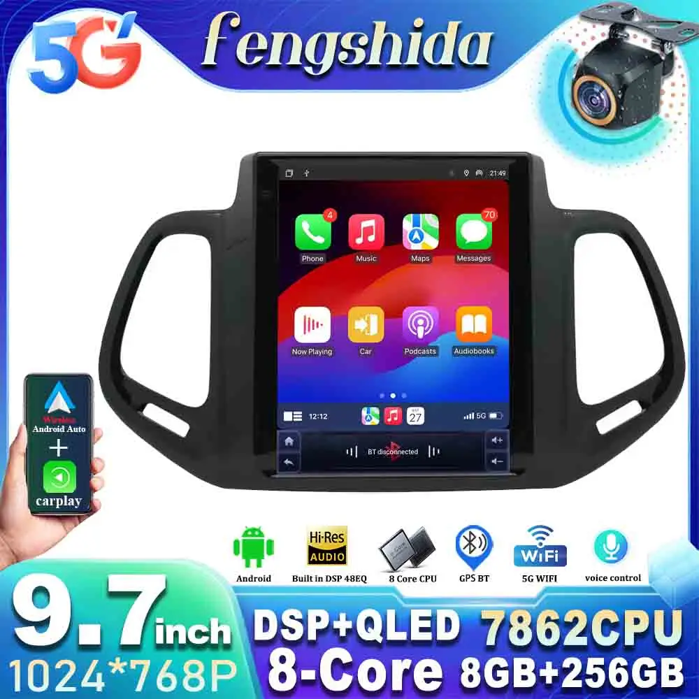 Автомобильный радиоприемник Android 14 9 7 дюйма для Jeep Compass 2MP 2016-2019 Tesla Style Navigation GPS