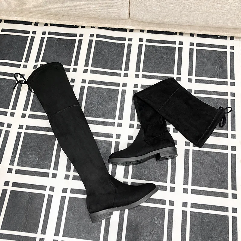 2022 Winter Over The Knee Stretch Boots Women's Fashion Thick Heel Mid-heel Boots Plus Velvet Warm High Tube Flat Skinny Boots