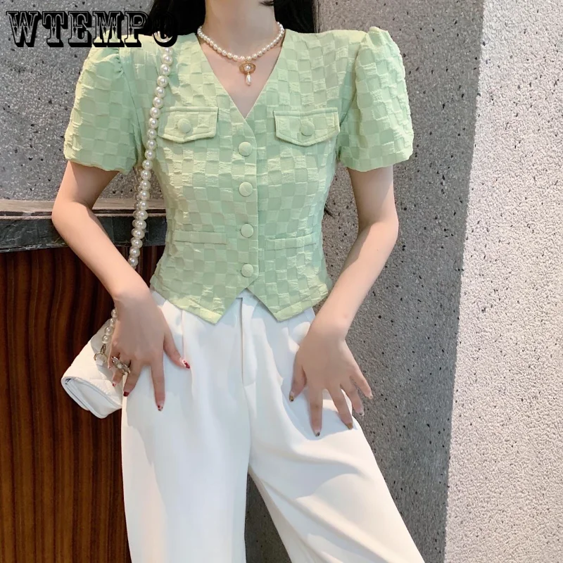 

Puff Sleep V-neck Shirt Green Sweet Women Short Top High Waisted Navel Exposed Commuter Cardigan Single Breasted Office Lady
