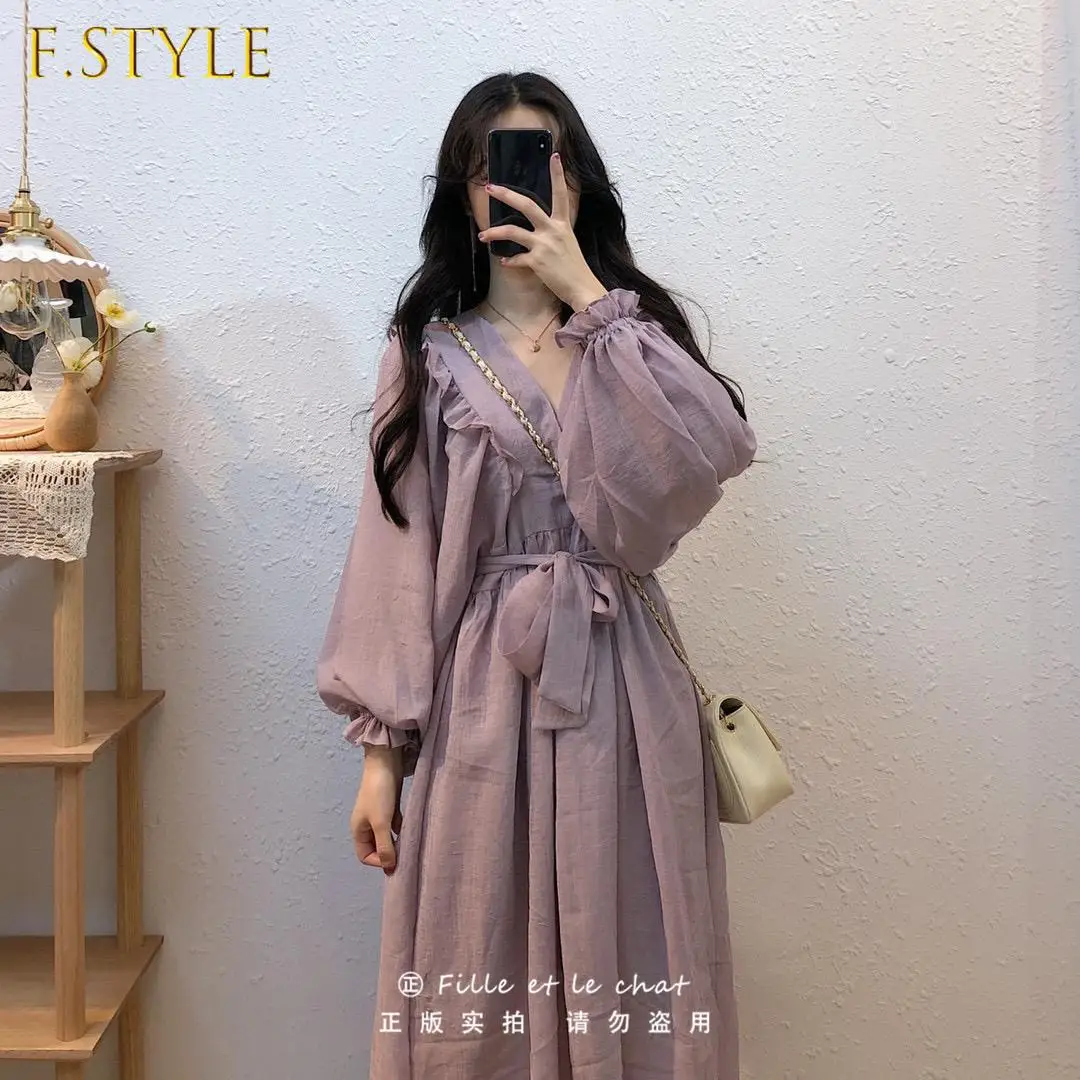 

F GIRLS Dress Womens Long Sleeve Loose Leisure Sashes Solid Simple Elegant Retro V-neck Ankle-length Feminine Ladies New Autumn