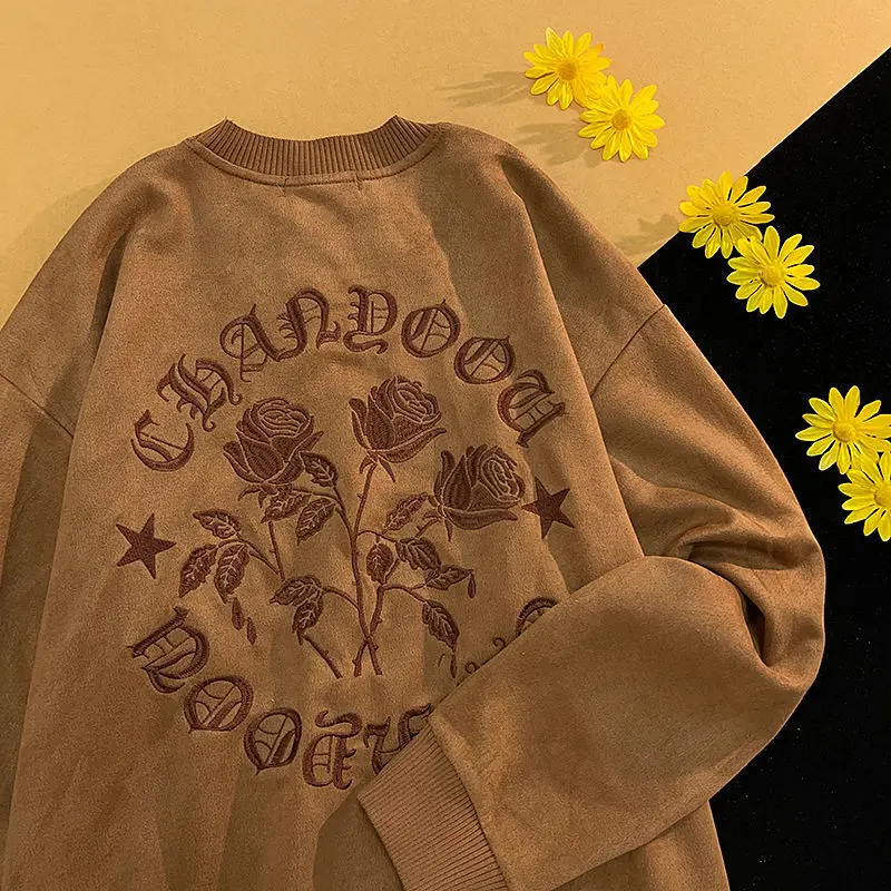 

Vintage Brown Letter Rose Embroidery Graphic Sweatshirt Men Women Hip Hop Streetwear Oversized Pullover Kawaii Grunge Tops 2022