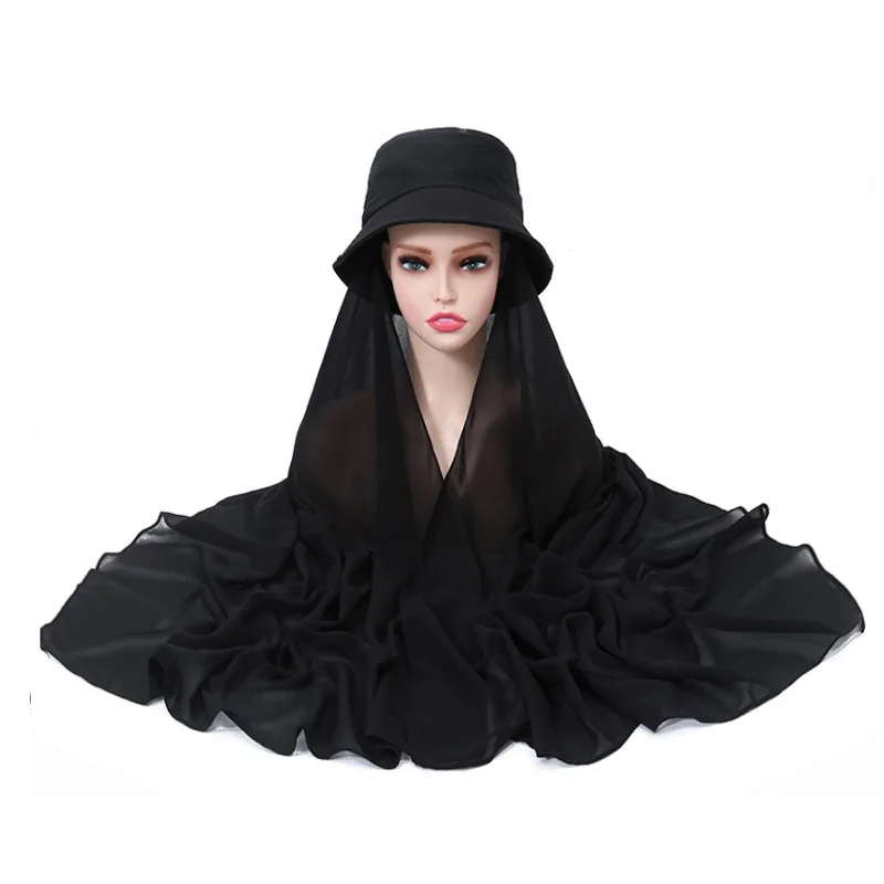 Ready To Wear Instant Hijab Muslim Women Bucket Hat With Chiffon Hijabs Summer Sports Cap With Scarf Islam Headscarf Turban