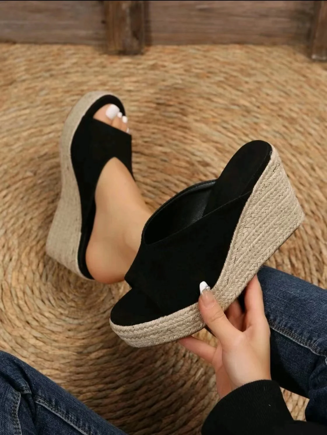 Women's Espadrille Wedge Sandals, Casual Peep Toe Slip On Platform Shoes, Outdoor Slide