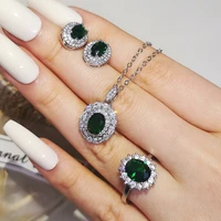 3pcs pack green color bride jewelry set halo engagement ring round stud earring for wedding gift j7286