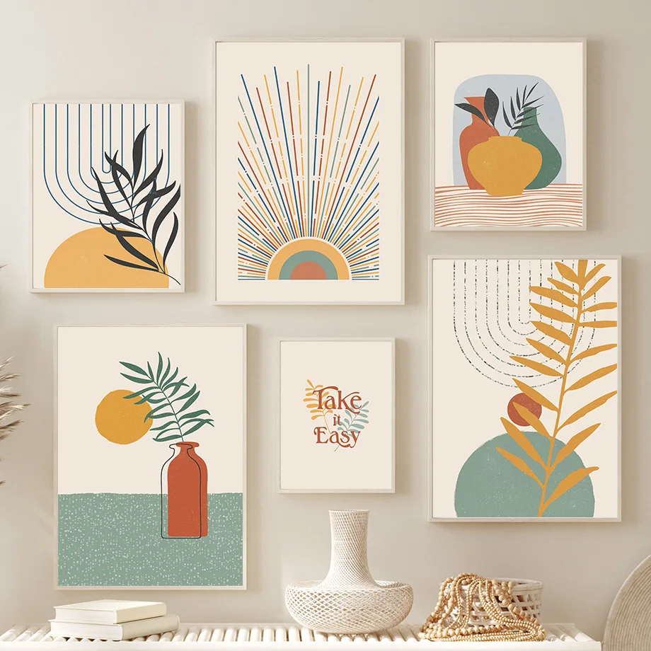 

Настенная картина в стиле бохо с изображением солнца листьев, вазы, Абстрактная Картина на холсте, галерея, скандинавские постеры и искусство для декора гостиной