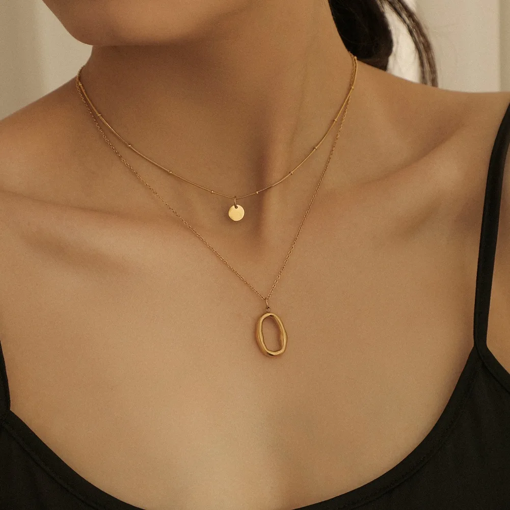 

Fashion Trend Double Layer Stainless Steel Elegant Delicate O-Shaped Oval Pendant Clavicle Necklace Ladies Jewelry Party Gift
