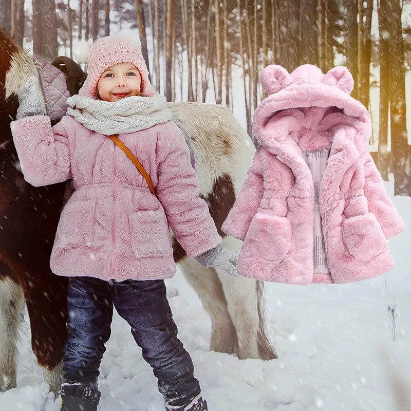 

Baby girl clothes 1-8T winter warm fur coat new girl wool sweater fur padded jacket big ears thickened quilted cotton baby coat