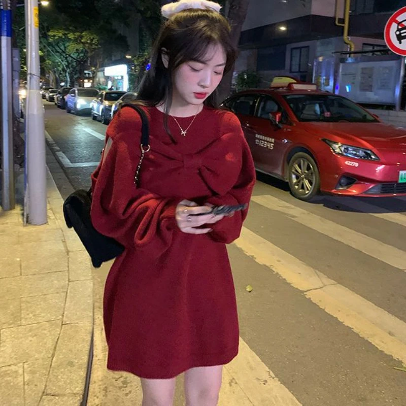 

Woman O-neck Knitted Stretchy Sweater Dress Female Long Sleeve Solid Party Dresses Ladies Mini Bodycon Dresses Vestidos G216