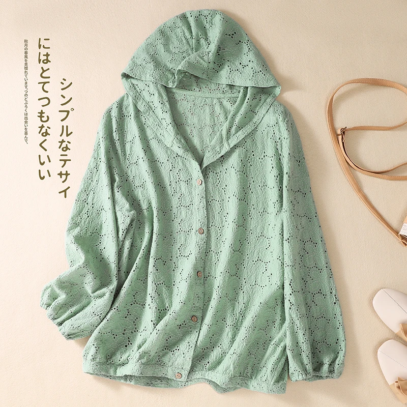

Literary Cotton Hollow Out Embroidered Top Coat Autumn 2022 New Loose And Versatile Hooded Cardigan