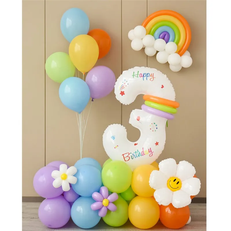 

White Number Balloons Kit HAPPY BIRTHDAY Colorful Sticker Daisy Foil Ballon for Kids Baby Shower Birthday Party DIY Decorations