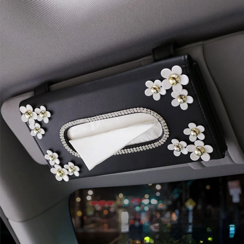 

Car Crystal Paper Box with Chrysanthemum Crystal Tissue Box Car Interior Decoration Accessories Tissue-Box for Sun Visor Type