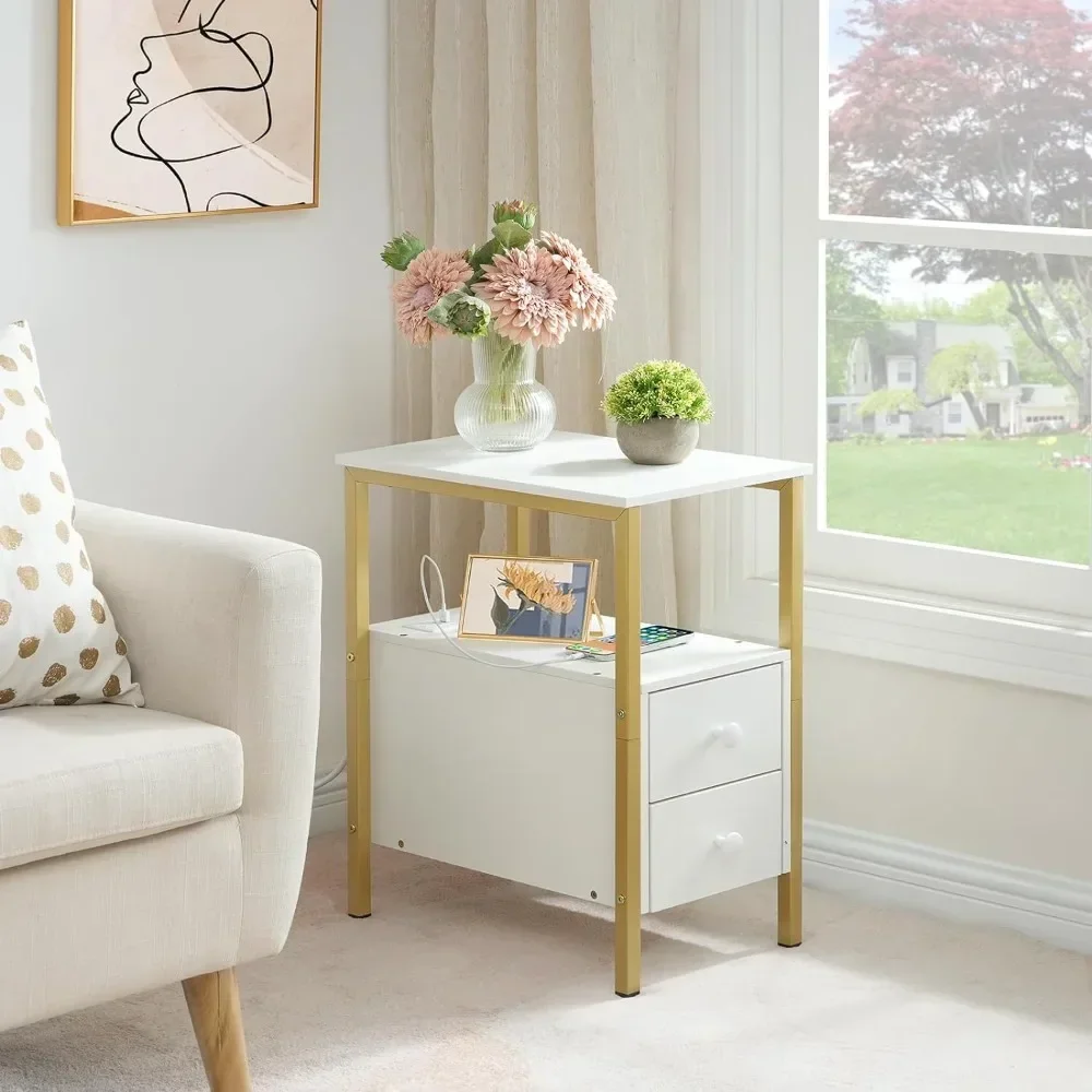 Торцевой столик с зарядной станцией узкий приставной 2 ящиками USB-портами и