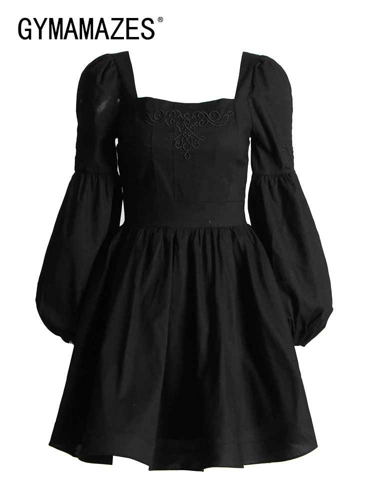 

GYMAMAZES Patchwork Embroidery Mini Dress For Women Square Collar Puff Sleeve High Waist Minimalist Dresses Female Clothing New