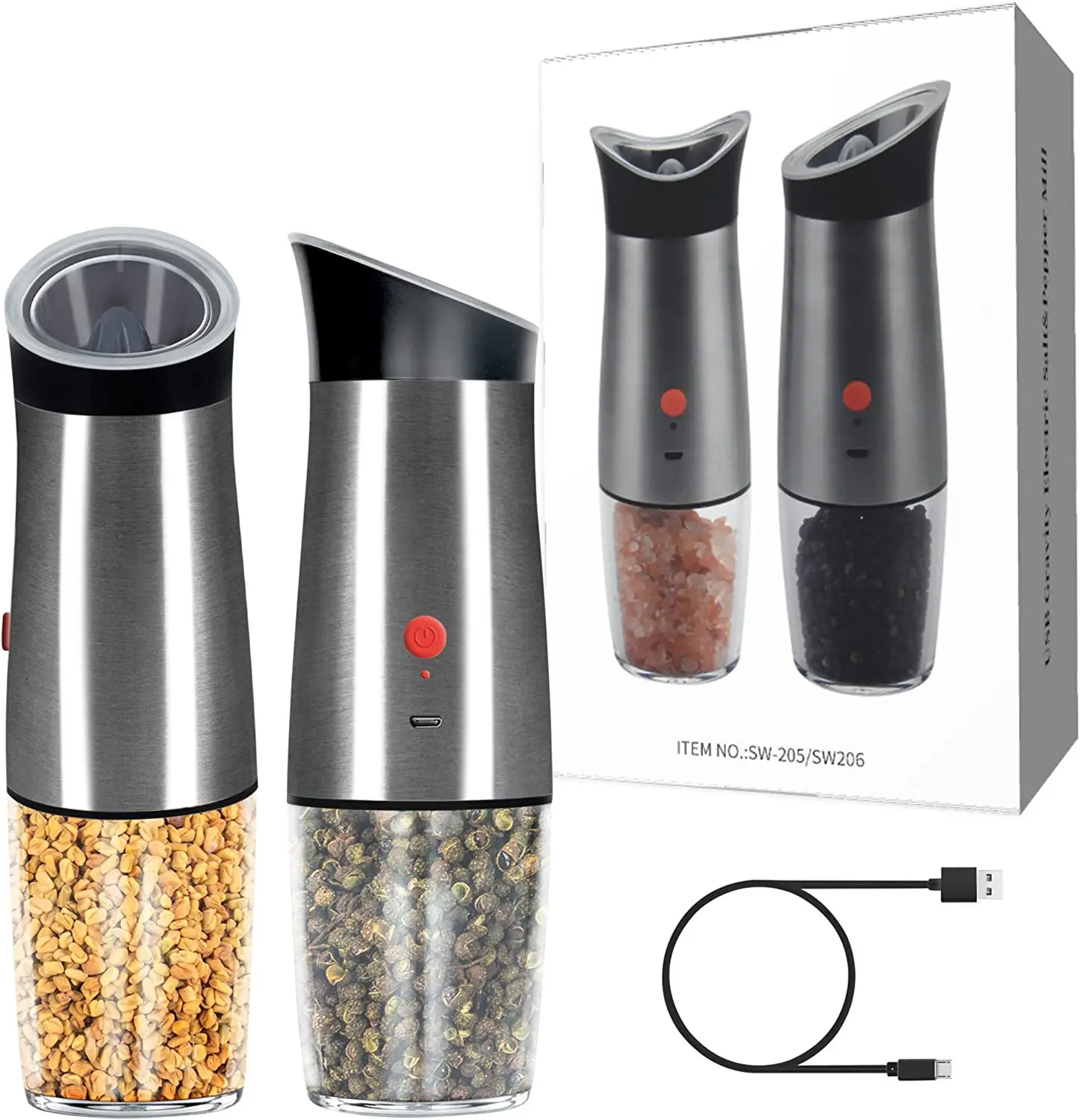 

USB Salt and Pepper Grinder Set Gravity Operation Spice Seasoning Mill Shaker Adjustable Coarseness Stainless Steel