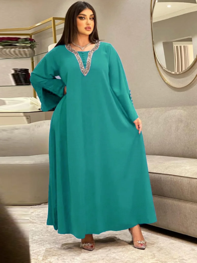 Muslim Woman Abaya Rhinestone Casual Loose Modest Dress Islam Oman Qatar Moroccan Kaftan Dubai Luxury Dresses For Prom