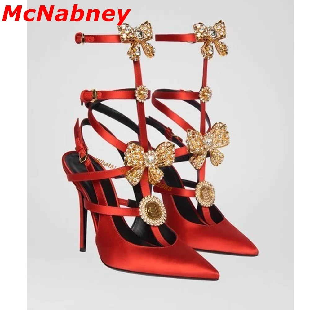 2022 New Style Summer Sandals Crystal Bow Knot Hollow Pointy Toe Women Shoes Thin High Heel Buckle Straps Sandals Party Show