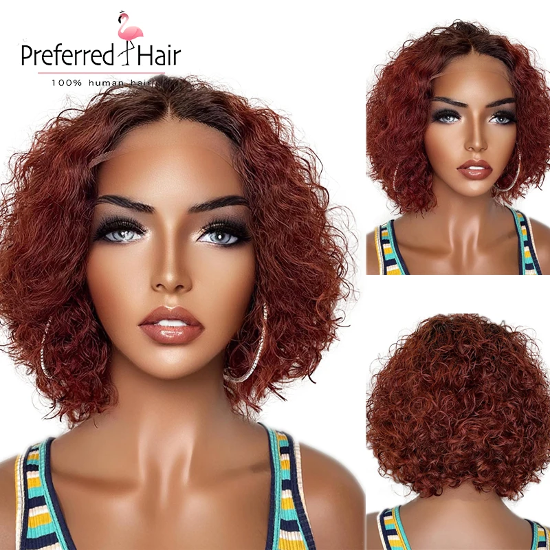 

Short Bob Water Wave Transparent 13X4 T Part Lace Human Remy Hair 99J Burgundy Colored Glueless 4x4 Closure Wigs for Black Women