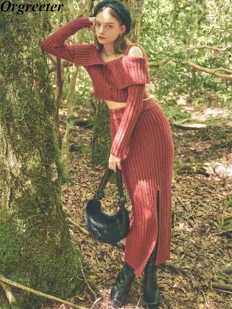 

Fall Winter New Knitted Two Piece Set Women Outfits Sexy Off Shoulder Pullover Sweater + Long Bodycon Skirt Sets Vintage