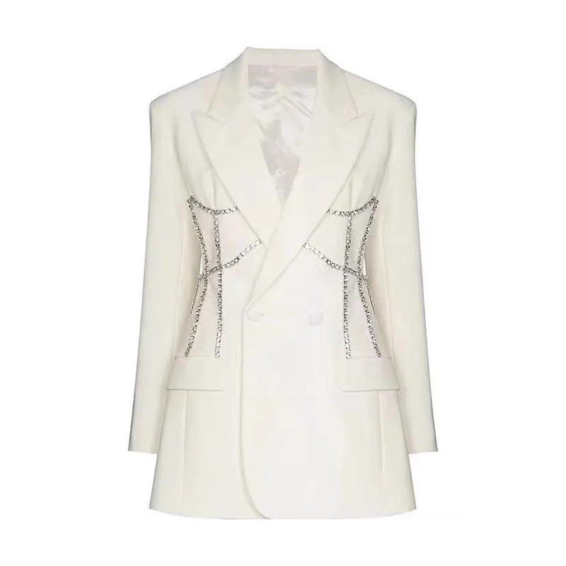 

Women's Mid Length Suit Rhinestone Decorated Fashionable Waist Skimming Blazers