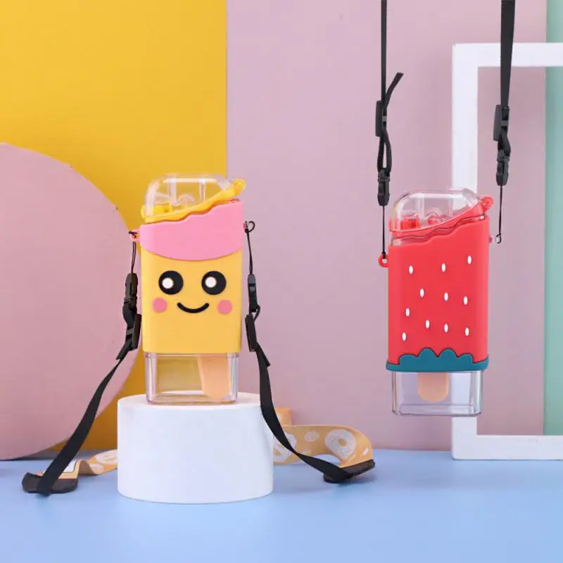 

300ml Cartoon Cute Plastic Cup Double-layer Cup With Rope Straw Girls Children Tour Fruit Drinking Anti Fall Drinkware Bottle