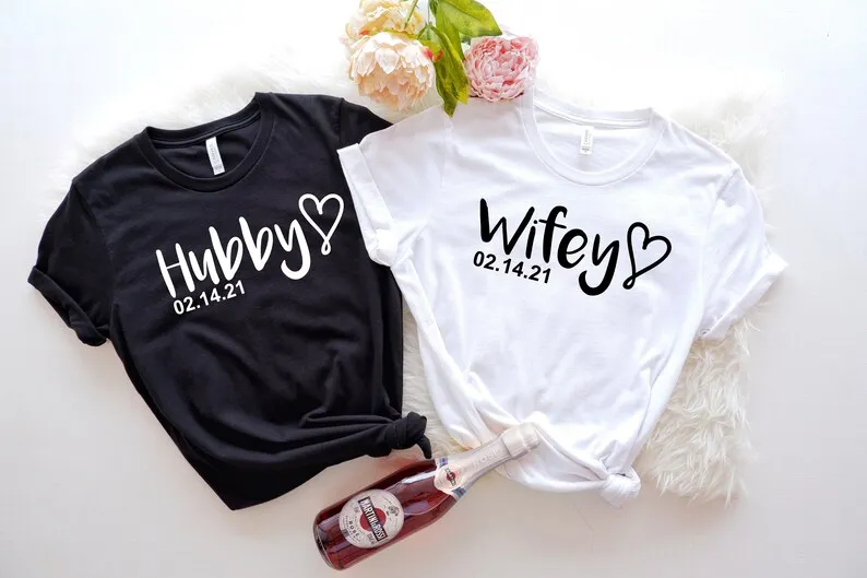 

Wifey and Hubby Shirt Mr and Mrs Just Married T Shirt Honeymoon T-Shirt Wedding Shirt wife and hubs shirts Couples Tee