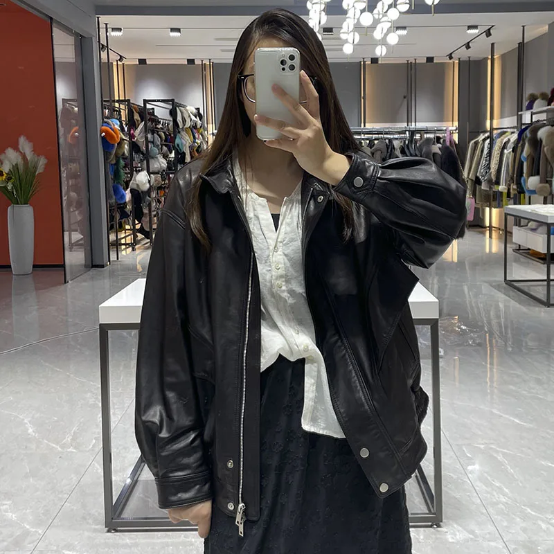 Женская кожаная куртка JANEFUR мотоциклетная из натуральной кожи с отложным