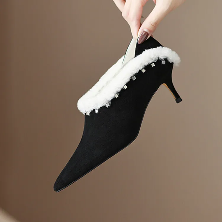 

Grey Suede Shallow Women Pumps Pointed Toe Fur Inside Warm Winter High Heels Black Lady Working Stilettos Zapatos Femmes Creeper