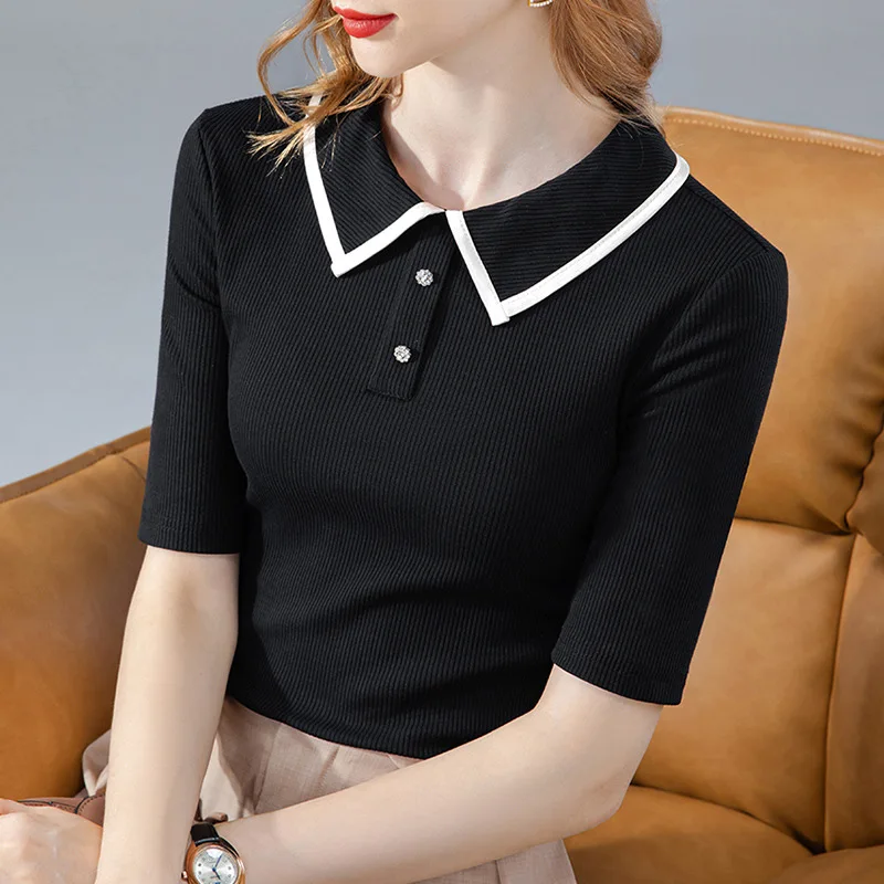 

Mid-sleeve T-shirt Women's 2022 New Spring and Autumn Contrast Color Modal Cotton Half-sleeve Temperament Lapel Stretch Top