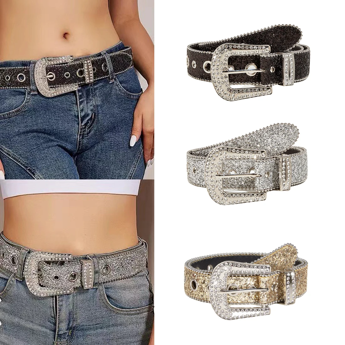 

Shinning for rhinestone Belts Women PU Leather Western Y2K Girls Belt for Jeans Men Punk Rock Style Shiny Design Waistband 2023