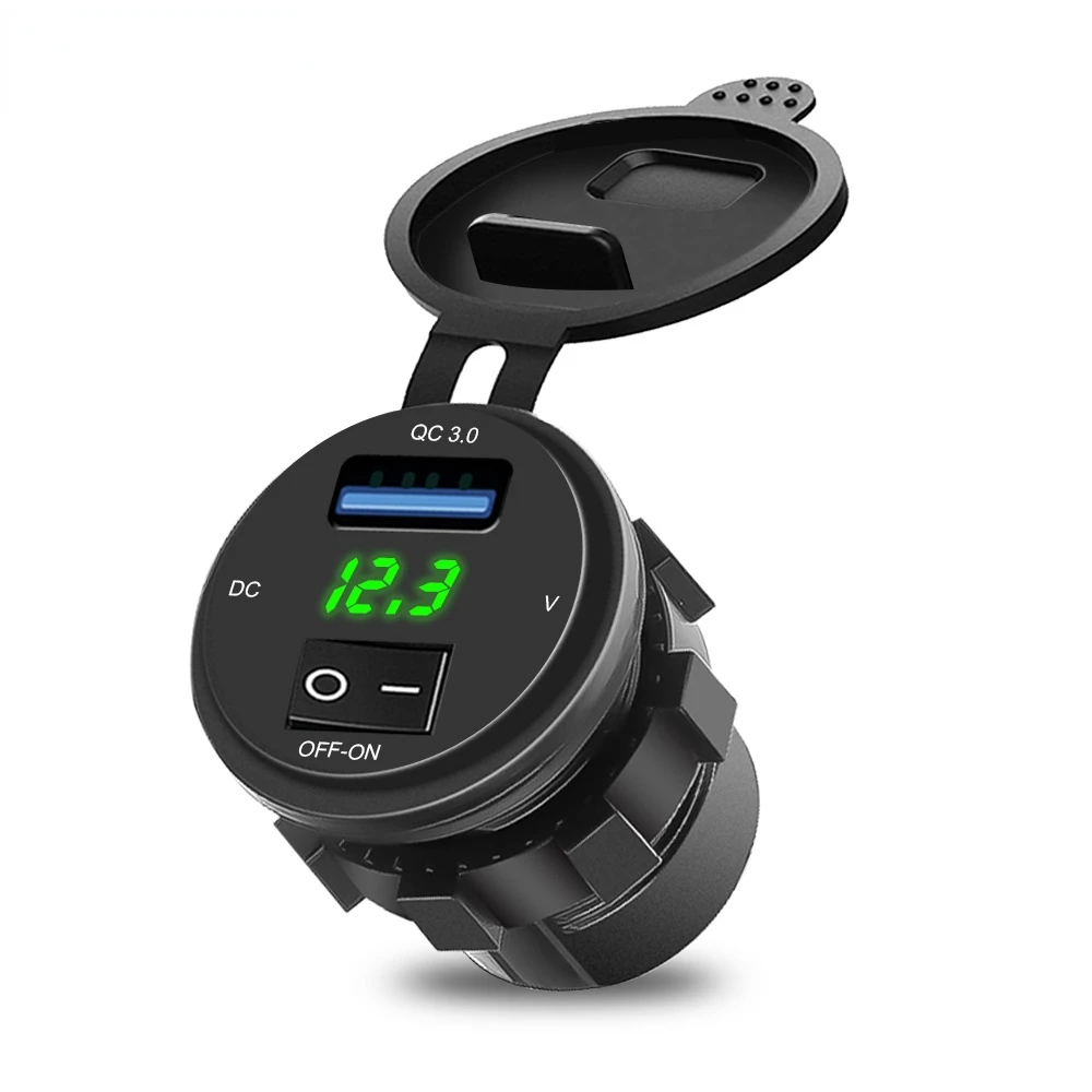 

18W Phone QC 3.0 Car Charger Socket Digital Display Voltmeter DC 12V-24V USB Charge Socket ON-OFF Switch for Motorcycle