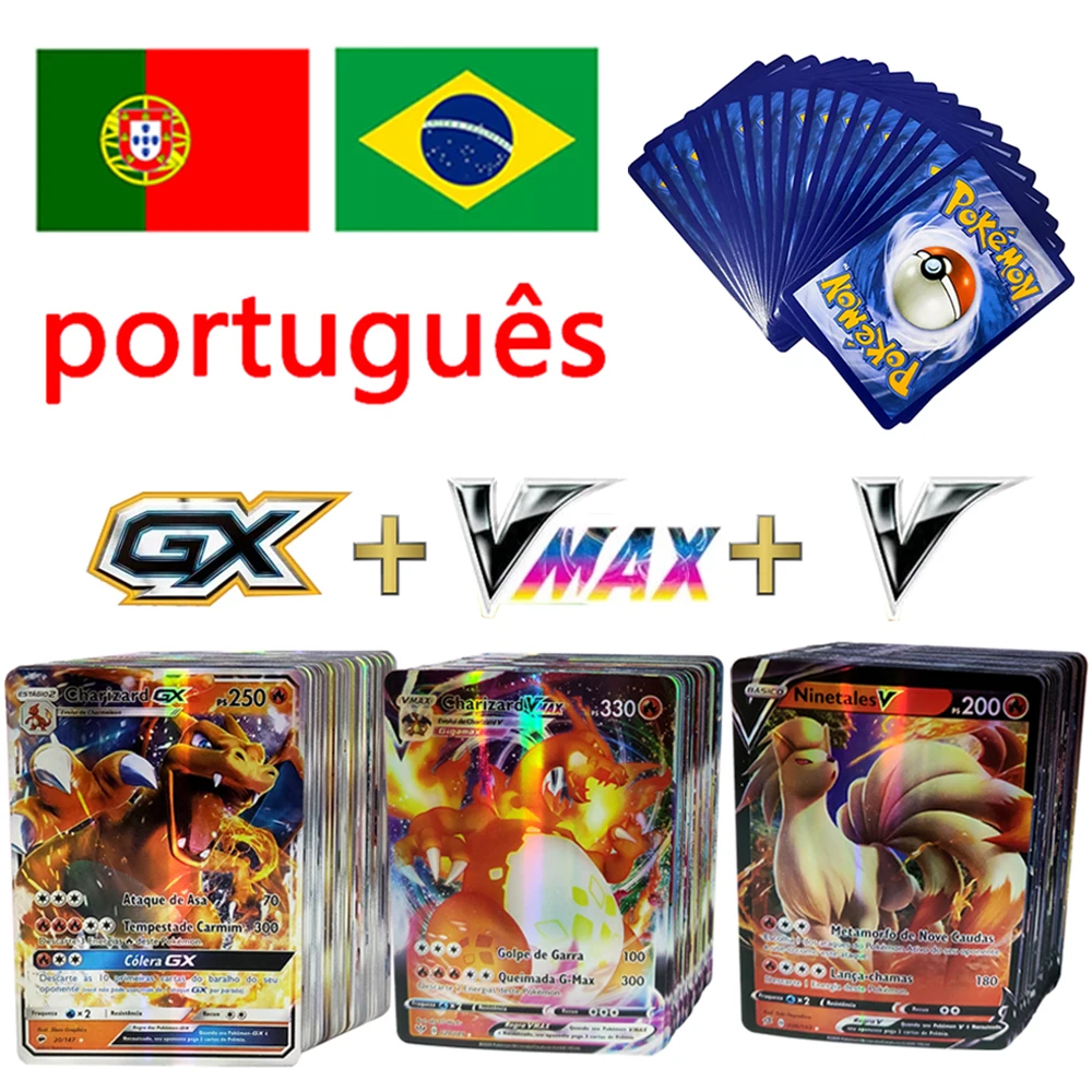 2022 novo 50-350 pces pokemon português cartões gx v vmax charizard pikachu carte jogo pokemon batalha carte negociação brilhando cartões