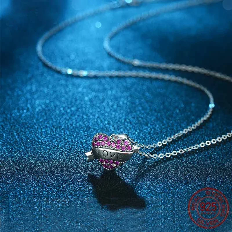 TONGZHE Valentine Day Gift 925 Sterling Silver Heart Pendant Necklaces Rosy Love Charm Necklace Mail Jewelry for Women Collars