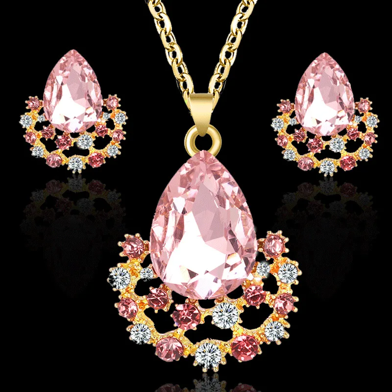 

New Ladies Jewelry Set European and American Fashion Simple Water Drop Crystal Pendant Necklace Earrings Stud Jewelry