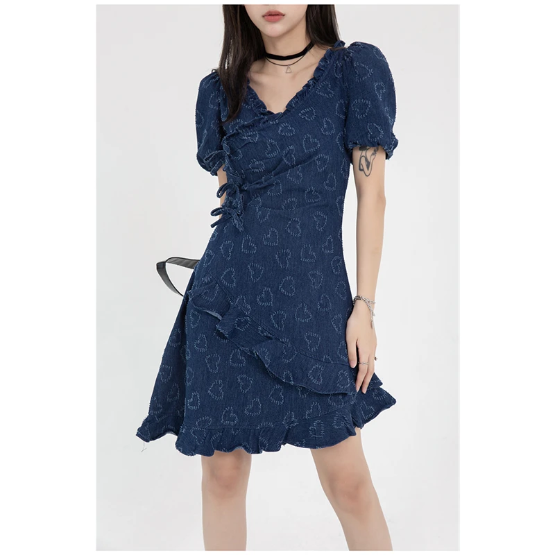 

Denim Women's Thin Dress Short Skirt French Vintage Short Sleeve 2022 Summer Ladies Chic Design Irregular Ruffle Skirt Dresses